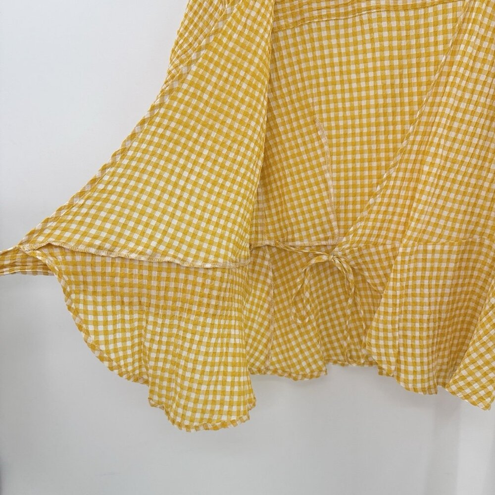 Max Studio Yellow Check Wrap Blouse Sz L Boho Cottage Prairie Preppy Western - Picture 7 of 9